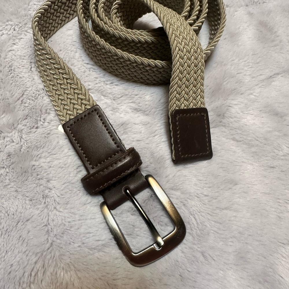 Tan and Brown Woven Stretchy Belt with Leather Accents